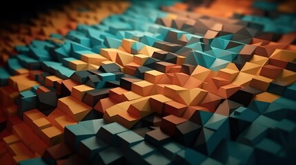 Poster - Abstract background with colorful geometric print with rough surface, sharp pieces of cubes and other geometric shapes structure composition. Horizontal illustration for banner design. Generative AI.