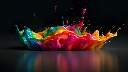 Leinwandbilder - Abstract background with liquid explosion of acrylic paint waves with splashing drops. Bright wallpaper with liquid motion flowing effect. Horizontal illustration for banner design. Generative AI.