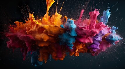 Leinwandbilder - Abstract background with wet explosion of colorful paint with splashing drops. Bright wallpaper with dynamic liquid motion and spray effect. Horizontal illustration for banner design. Generative AI.