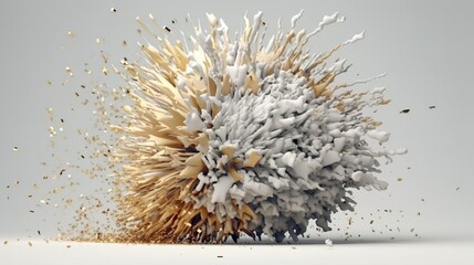 Leinwandbilder - Abstract background with white and gold elements explosion. Dynamic cloud with flying splashes, fragments, confetti, particles and sparkles. Horizontal illustration for banner design. Generative AI.