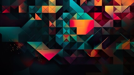 Poster - Abstract background with colorful geometric print of repeating vibrating shapes. Mosaic geometry wallpaper with rhombuses and triangles. Horizontal illustration for banner design. Generative AI.