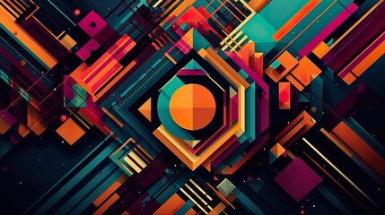 Poster - Abstract background with colorful symmetric geometric print. Vibrating colorful wallpaper with composition of repeat stripes and shapes. Horizontal illustration for banner design. Generative AI.