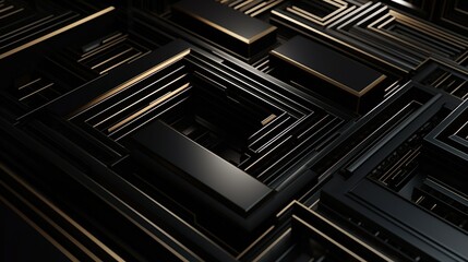 Aufkleber - Abstract background with dark geometric print with repeating black blocks with golden stripes. Luxury wallpaper with geometry composition. Horizontal illustration for banner design. Generative AI.