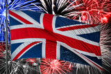 Fototapeta Londyn - British UK flag on fireworks background, King Charles coronation holiday celebration