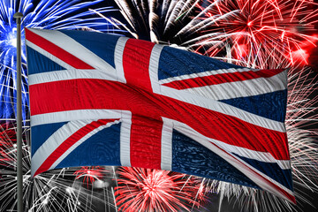 British UK flag on fireworks background, King Charles coronation, royal family holiday celebration