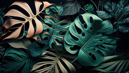 Glossy background of colorful tropical leaves closeup by Generative AI