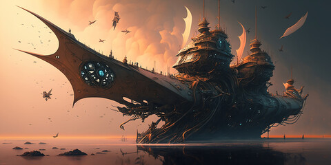 Wall Mural - ancient boat with sunset over the sea. Generative ai