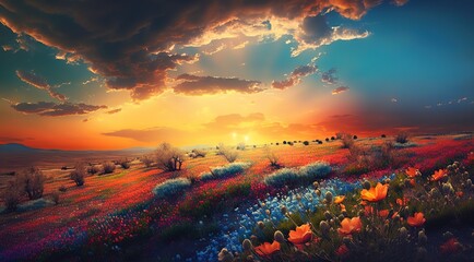 Wall Mural - At dusk, a landscape with a vibrant flower field. Generative AI