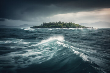 ocean landscape in storm with tropical island at the horizon,generative ai