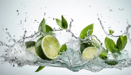 Wall Mural - Splash of Water with Limes and Mint Leaves on White Background