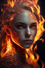 Conceptual portrait - beautiful young woman made from fire. Illustration. Generative AI.