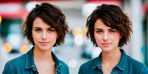 young beautiful twin girls with short dark curly or wavy brown hair with a confident gaze, outdoor c