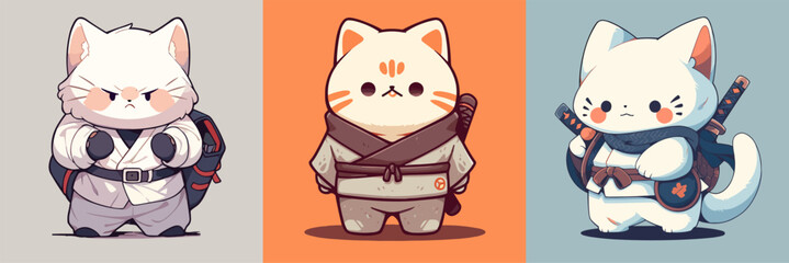 Naklejka na meble Flat color vector of cute cats samurai set collection