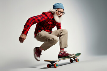 Funny old man riding a skateboard. Generative AI