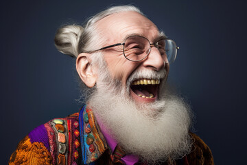 Portrait of an old man laughing. Generative AI.