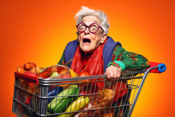 Wall Mural - Funny old woman pulling a shopping cart full of groceries. Generative AI