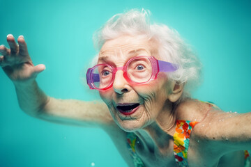 Wall Mural - Funny old woman swimming in a pool. Generative AI