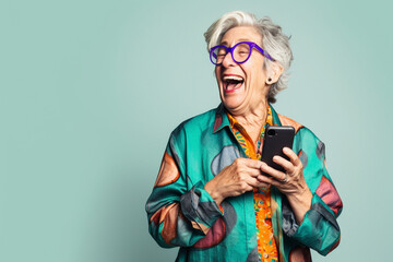 Funny old woman looking at a smartphone screen, laughing. Generative AI