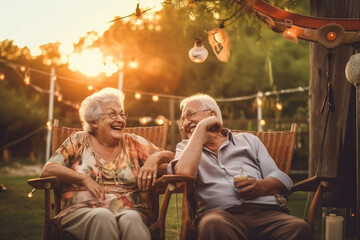 Old couple of husband and wife, enjoying retirement - they are chilling and relaxing in their backyard. Generative AI