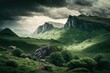 Under a gloomy sky, a landscape of rolling green hills and craggy mountains can be seen. Generative AI