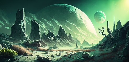 Sticker - Illustration of a green extraterrestrial landscape with rocky terrain Generative AI