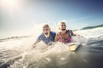 Wall Mural - Old couple of husband and wife, enjoying retirement - they are having fun surfing. Generative AI