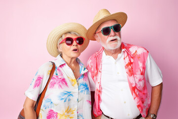 Old couple of husband and wife, enjoying retirement - they are having fun travelling abroad. Generative AI