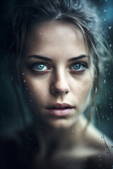 A beautiful girl in rain with water droplets. Closeup portrait. Illustration. Generative AI.