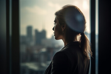 Fototapete - Conceptual portrait of a young and successfull business woman. She is looking through the window of her office to the busy town. Illustration. Generative AI