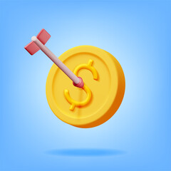 Aufkleber - 3D Arrow in Coin Target Isolated. Render Dartboard with Arrow and Golden Money. Business or Finance Target Concept. Targeting Audience. Achievement and Success. Vector Illustration