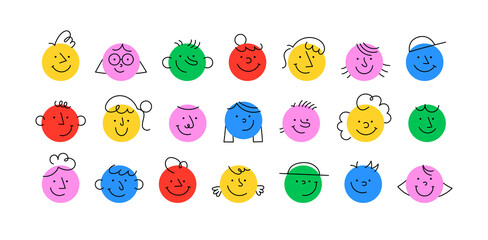 Wall Mural - colorful cartoon character face circle illustration set. funny people faces doing diverse gesture an