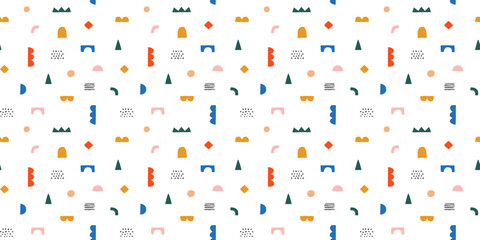 Wall Mural - Fun colorful doodle seamless pattern. Creative minimalist style art background for children or trendy design with geometric shapes. Simple childish backdrop.