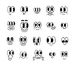 © Dedraw Studio - Funny retro cartoon character face drawing set on isolated background. Black and white vintage animation art style bundle. Trendy 50s mascot, facial expression graphic, mascot gesture sticker.