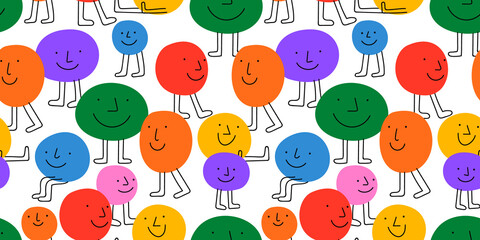 Wall Mural - diverse colorful people faces seamless pattern illustration. multi color happy cartoon characters in