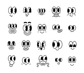 Poster - Funny retro cartoon character face drawing set on isolated background. Black and white vintage animation art style bundle. Trendy 50s mascot, facial expression graphic, mascot gesture sticker.