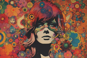 Collage in the style of the 70s. Retro portrait of a woman. Nice poster.Hippie style. Generative AI.