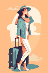 Tourism flat illustration. Woman with baggage. Tourist with a suitcase. Adventure vector of a lady traveling with backpack. 