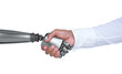 Computer graphic image of businessman and robot shaking hands