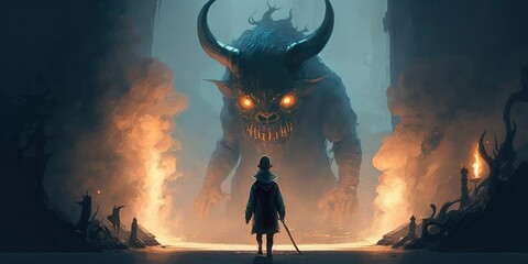 Wall Mural - Digital art style, artwork painting of a dark fantasy idea featuring a lad armed with a torch who must confront smoke creatures with devil horns. Generative AI