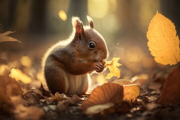 Wall Mural - Daytime photo of a cute squirrel playing in a park with dried maple leaves. Generative AI