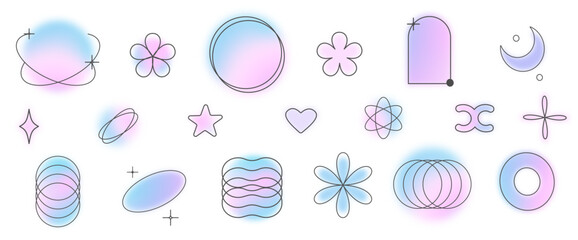 Aufkleber - Y2k style gradient blurry shapes with linear shapes, blurred aesthetic or floral elements. Modern minimalist design element with blur gradients. EPS 10