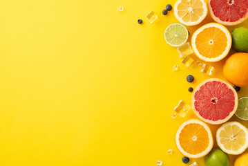 Wall Mural - Vibrant top view photo of citrus fruits - oranges, lemons, limes, and grapefruits, on a sunny yellow background, perfect for summer-themed marketing, with an empty space for adding text