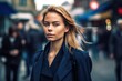 Portrait of a beautiful Scandinavian woman standing in a city street, showcasing her natural beauty and confident poise against an urban backdrop, generative ai
