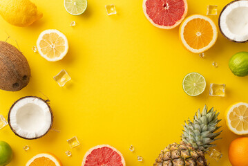 Wall Mural - Add some summer flair to your marketing with this stylish top view photo of ananas coco nut citrus fruits, palm leaves, and an empty space for text on a bright yellow background
