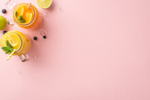 Make A Splash With Your Summer Marketing With This Trendy Top View Flat Lay Of Freshly Squeezed Citrus Juices Featuring Lemons, Limes, Set Against A Stylish Pink Background With Blank Space