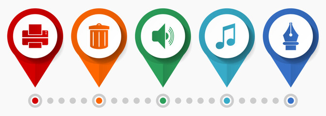 Poster - Media icon set, flat design miscellaneous pointer icons such as printer, trash can, speaker, note and pen for webdesign and mobile applications, infographic vector template in eps 10