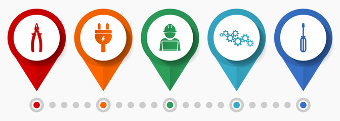 Aufkleber - Service icon set, flat design miscellaneous pointer icons such as pliers, plug, engineer, gears and screwdriver for web design and mobile applications, infographic vector template in eps 10