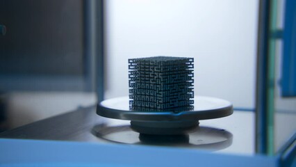 Wall Mural - Close-up of cube in laboratory. Stock footage. Futuristic 3D cube lies in scientific laboratory. Unidentified mysterious cube is in scientific laboratory