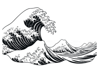 an oriental japanese great wave in a vintage retro engraved etching style