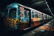 Old Tram In The City With Graffiti Created With Generative AI Technology